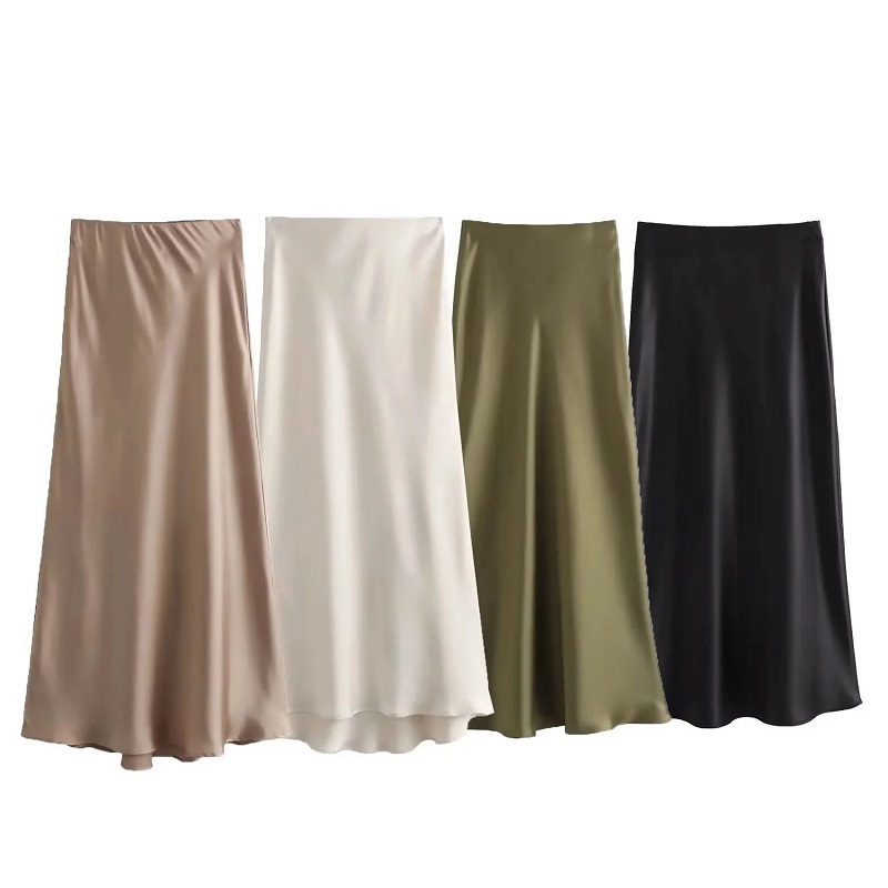ONKOGENE Satin Midi Frauen Rock Mittlere Taille Falten Dame Rock 2024 Frühling Sommer Neue Elegante Casual Büro Frauen Kleidung