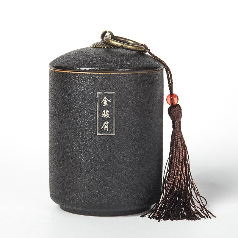 Black Pottery Tea Caddy Ceramic Sealed Storage Tank Plain Tea Canister Spice Jars Coffee Storage Box Kitchen Container: jinjunmei