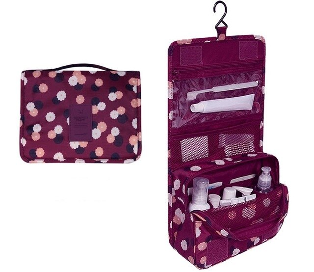 Women's Travel Portable Waterproof Cosmetic Bag Beautician Hanging Toiletry Bags make up Organizer Men women Makeup toilet bag: Dark red dot