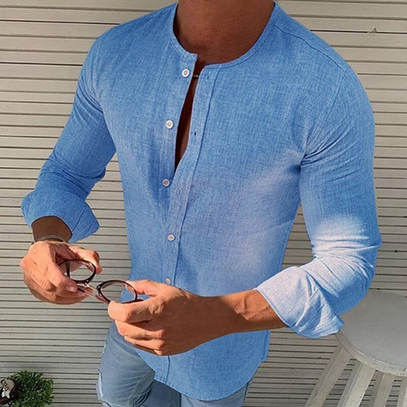 Skate Camisetas cuello redondo de hombres Tops de Color liso con botón de manga larga Casual de deporte camisetas para hombre