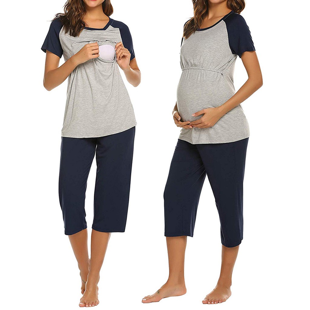Webuyii Moederschap Pyjama Set Katoen Button Down Borstvoeding Nachtkleding Zachte Ziekenhuis Zwangerschap & Verpleging Pjs Sets, Blauw 7508, M