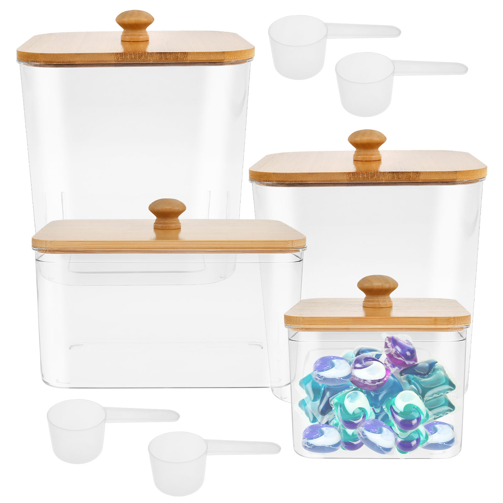 4 stuks waspads container opbergdoos met deksel en lepel herbruikbare doorzichtige droger vel houder voor wasruimte organizer NIEUW