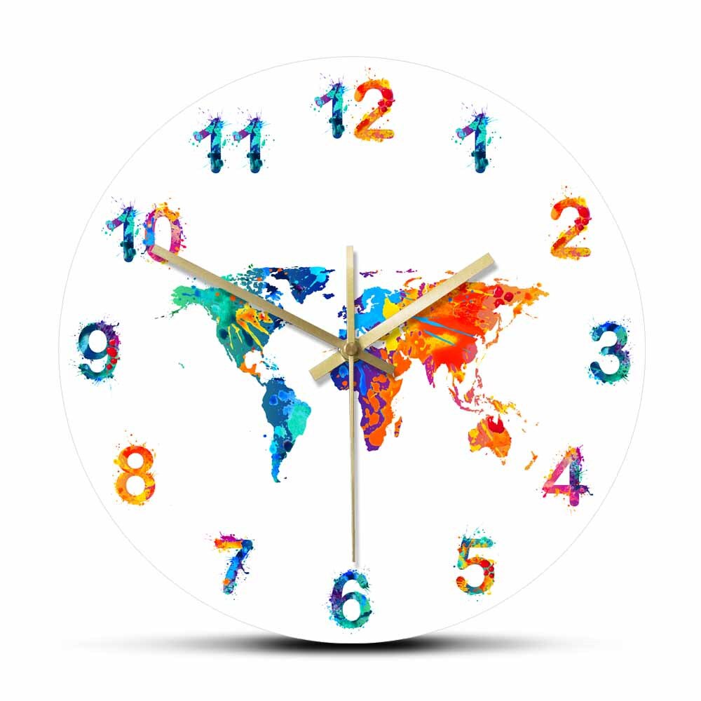 Quaddel Karte Aquarell Dekorative Stille Wanduhr Flache Erde Minimalistischen drucken Digital Kunst Hängen Zauberstab Uhr für Traveler: Nein Rahmen