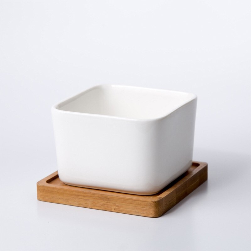 Minimalist Simple White Desktop White Ceramic Flowerpot With Bamboo Tray Succulent Plant Pot Cactus Planter Flower Pot: 1