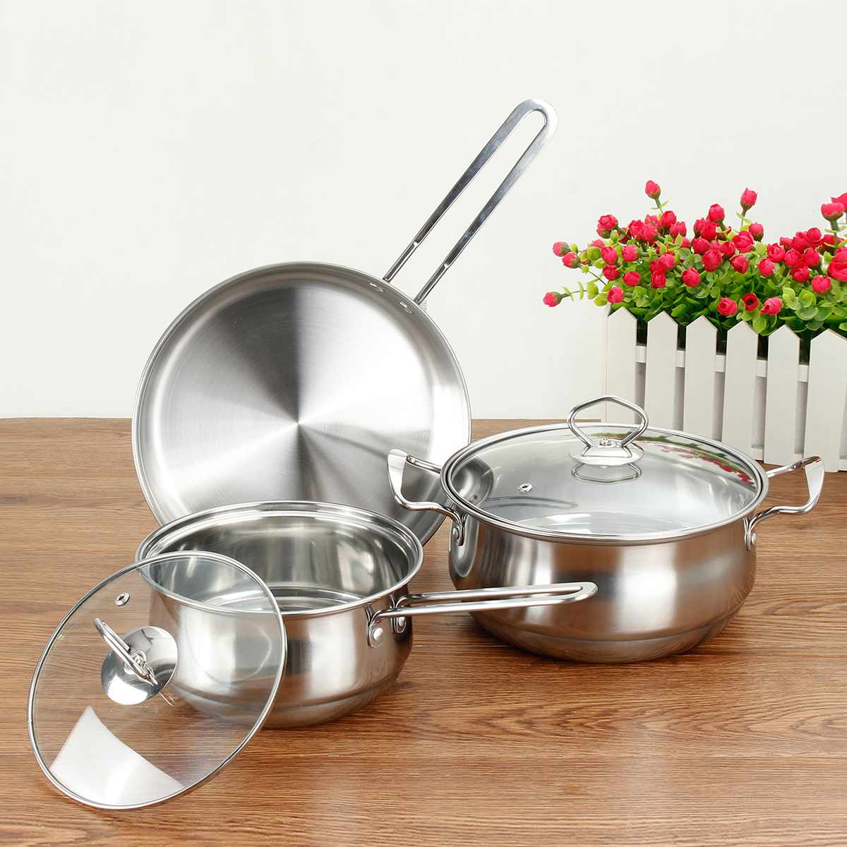 3PCS/Set Cookware Set Kitchen Stainless Steel Soup Pot Saucepan Induction Safe Thickened Frying Pan Saucepan With Glass Lid