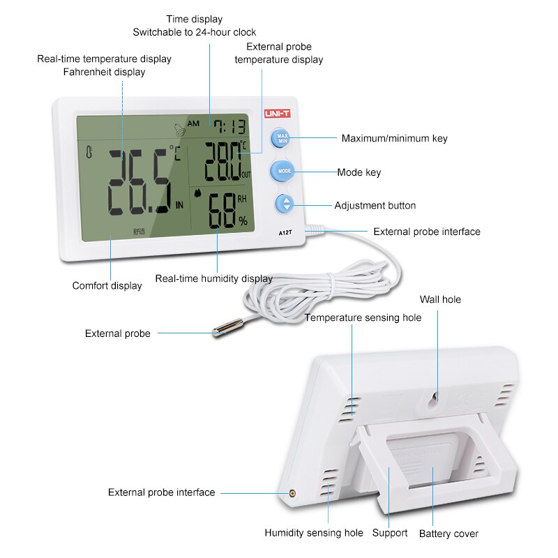 A12T Digital Temperature Humidity Measuring Instrument External Sensor Probe Alarm Clock and 12/24 Time Mode Large Screen