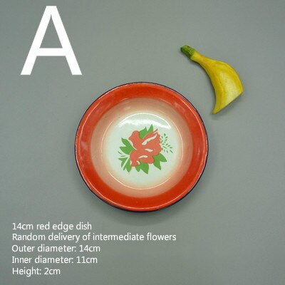 Assiette ancienne en émail de style nostalgique, assiette rouge rétro, plat à bouche peu profonde: A