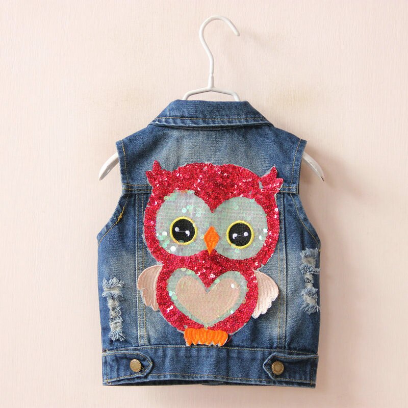 Chaleco vaquero con estampado de búho y lentejuelas para niños y niñas, chaleco de algodón con dibujos animados, a la , para primavera y otoño, 2-6 años: 4T
