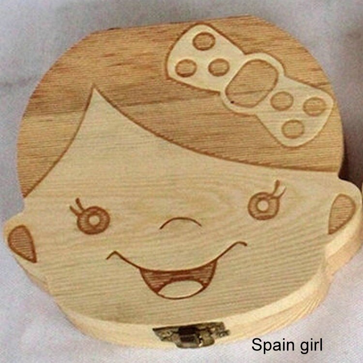 1 stk spansk engelsk russisk baby træ tandkasse mælketænder opbevaring indsamle legetøj tænder navlestreng gem legetøj til baby barn: Spanien pige