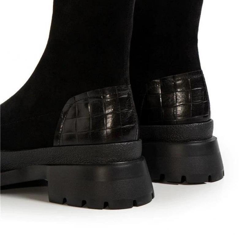 Nova moda feminina deslizamento em salto baixo costura rebanho plataforma botas femininas casual estilo confortável sapatos pretos botas mujer