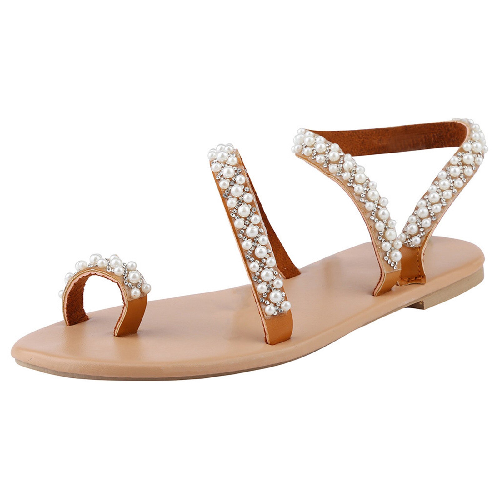Sandalias planas de cuero para mujer, calzado Vintage bohemio con decoración de perlas, sandalias de playa para mujer, zapatos de vacaciones, 40: 39