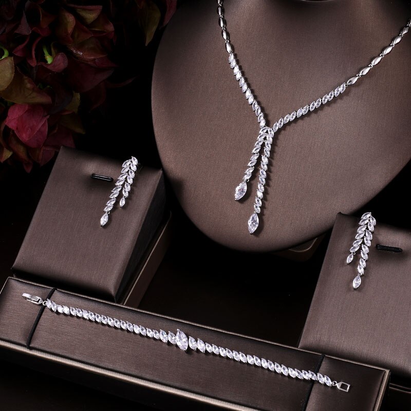 janekelly 4pcs Bridal Zirconia Full Jewelry Sets For Women Party, Luxury Dubai Nigeria CZ Crystal Wedding Jewelry Sets: platinum