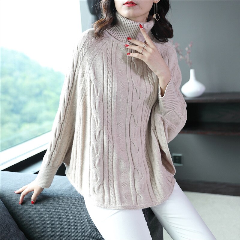 Kvindelig wrap swing cape efterår og vinter doven vind kvinders højkrave pullover twist bat sweater dame sweater dame