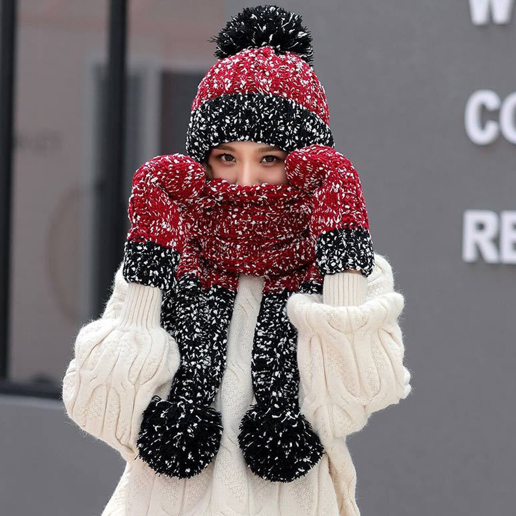 Invierno 3 piezas bufanda de las mujeres conjunto de Patchwork cálido de punto de sombrero bufanda + guantes Set Bola de Pelo bufandas guantes del sombrero conjunto: Wine Red