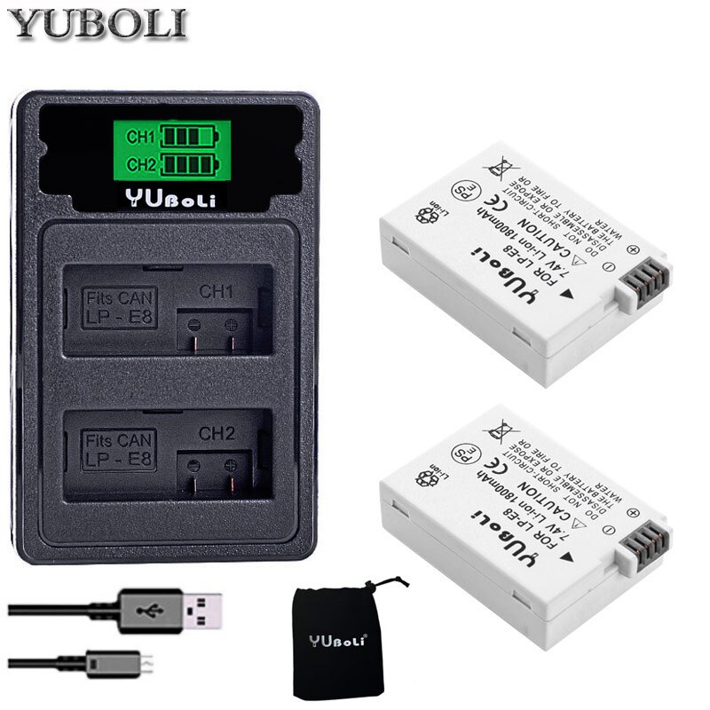 Batería de LP-E8 para Canon EOS 600D 550D 650D 700D Kiss X5 X4 X6 X7 Rebel T3i T2i T4i T5i 1500Mah, baterías de la Cámara LP E8: charger and 2battery