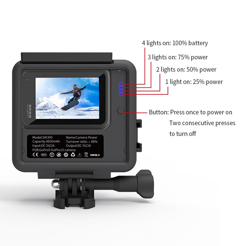 SheingKa – batterie pour Gopro 10 9, avec cage de protection contre le froid, 4800mAh, autonomie 3 heures, batterie latérale