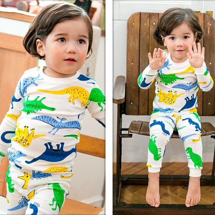 Drenges trykning tegneserie dinosaur børnepyjamas langærmet rund krave afslappet sæt børnetøj undertøj nattøj outfit: 100cm