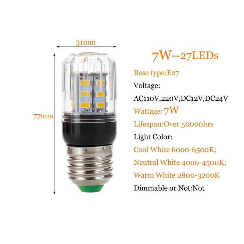 Hot E27 E14 E12 E26 27LEDs 7W Oświetlenie SMD 5730 LED Żarówka kukurydziana Żyrandol świąteczny 110V 220V DC 12V 24V Lampy