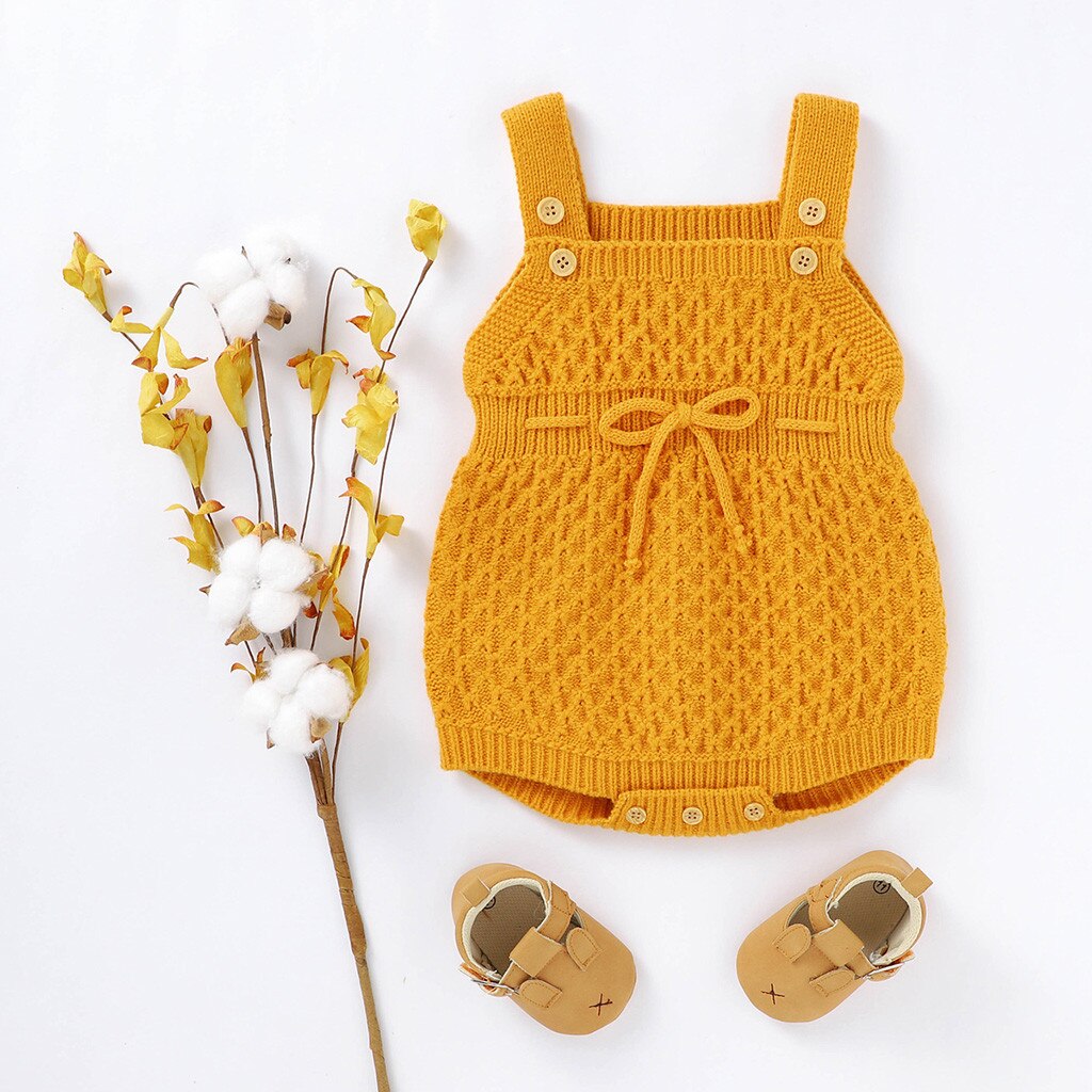 Tricot chandails body pour bébé couleur unie sans manches hiver tricot barboteuse fille garçons bouton tricot chandails combinaison: Yellow  / 70 0-6 M
