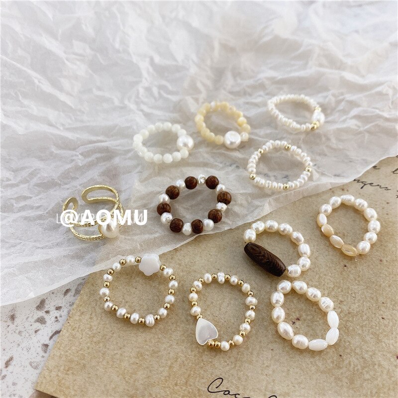 Aomu 1Pc Korea Vintage Handgemaakte Gevlochten Natuurlijke Parel Shell Hout Kralen Ringen Voor Vrouwen Partij Sieraden