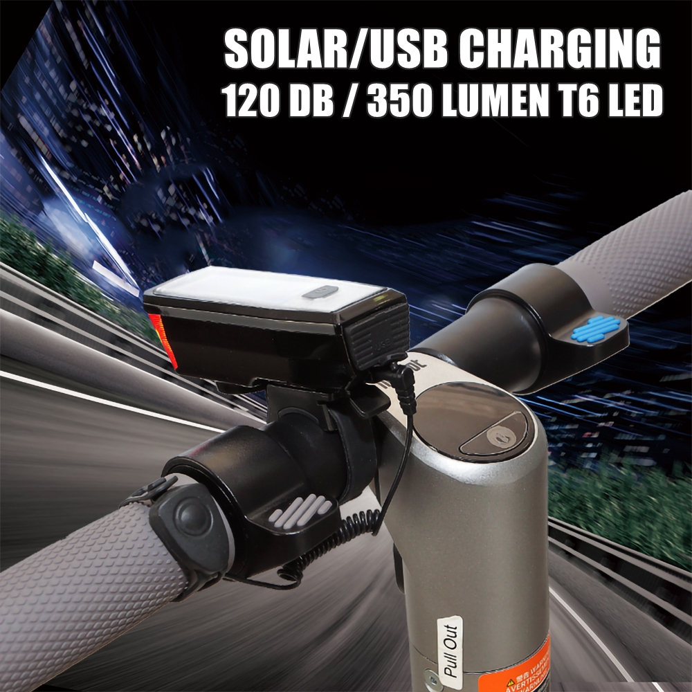 Universele Waterdichte Solar Koplamp &amp; Hoorn Voor Elektrische Scooter Usb Led Front Light Bell 120 Db IPX4 Multifunctionele accessoires