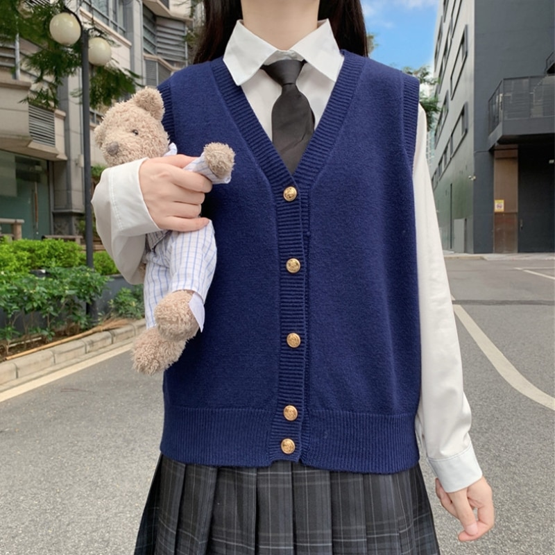 Japansk høyskole-stil jk uniform genser v-hals strikket cardigan yttervest dame topp skoleuniform skolejente uniform: naken bule genser