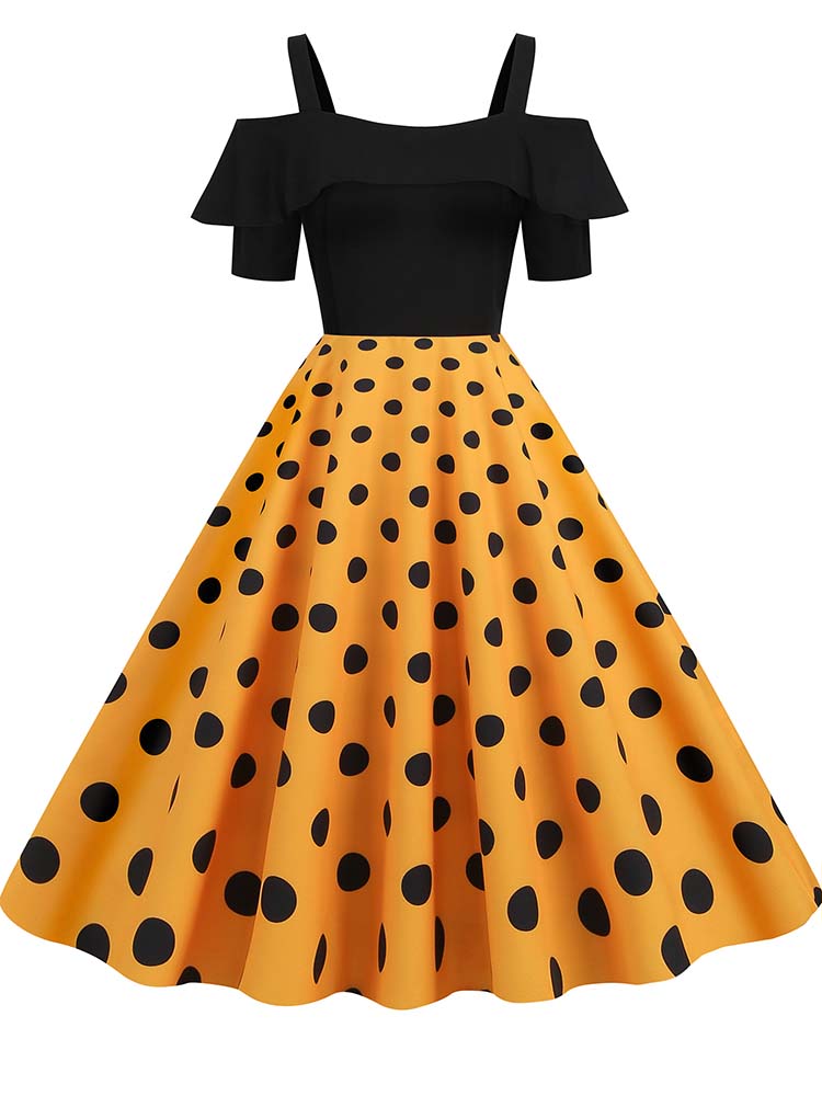Vestido de Vintage con hombros descubiertos, vestidos Midi de línea A con volantes y lunares de verano para mujer