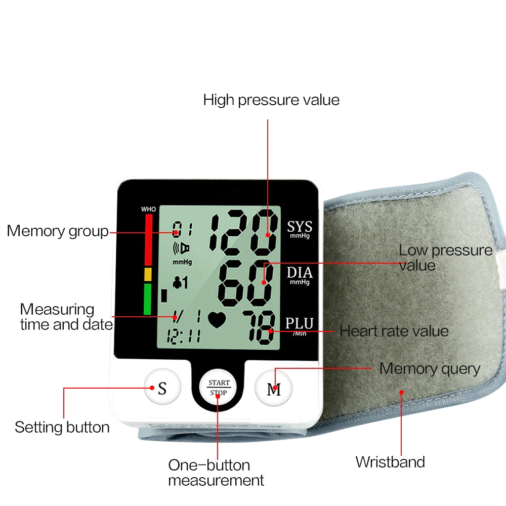 Smart BPM Health Care Pulse Measurement Sphygmomanometer Tonometer Digital Portable Wrist Blood Pressure Monitor