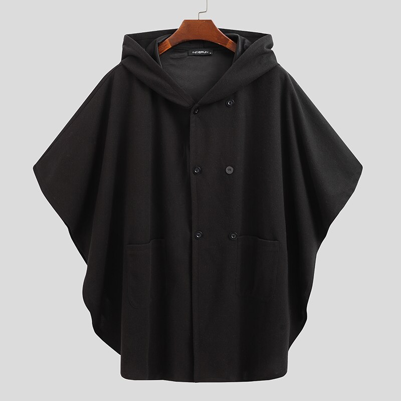 Incerun Mode Mannen Mantel Capes Effen Kleur Punk Jassen Hooded Double Breasted Trench Losse Streetwear Mannen Poncho Bovenkleding: L