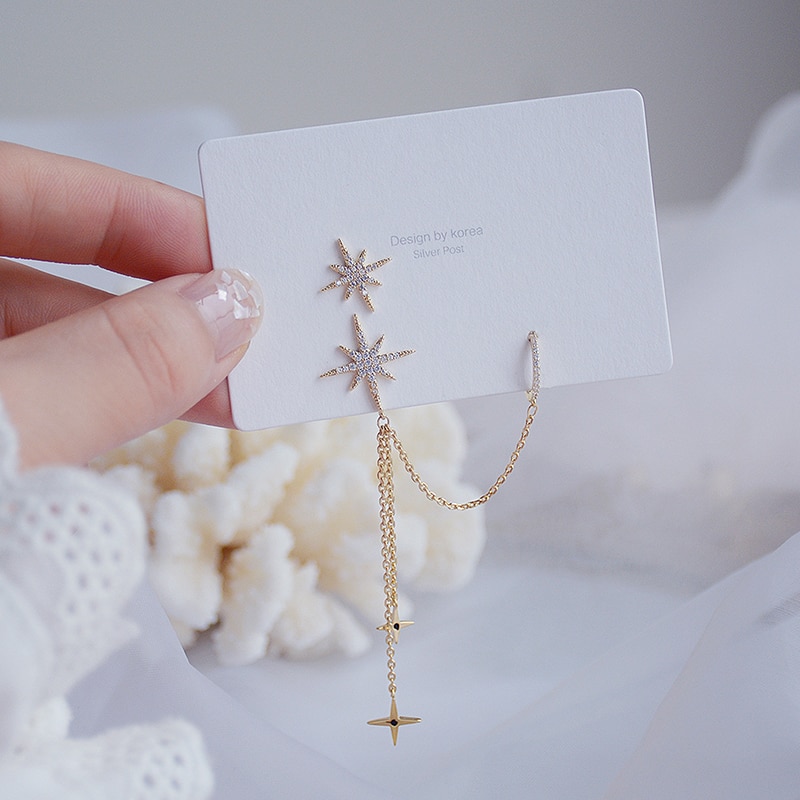 Korean Trendy Double Pierced Ears Star Tassel Earring Charm Light Bling Zircon Stud Earring Wedding Jewelry Pendant