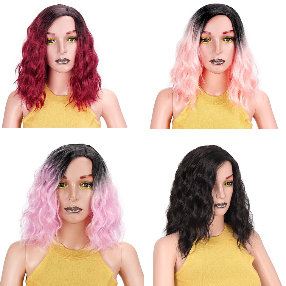 IK een pruik 14 "Korte Bob Water Wave Natuurlijke Losse Synthetische Pruik Kleur Natuurlijke Zwarte Hoge Temperatuur fiber pruiken voor Vrouwen