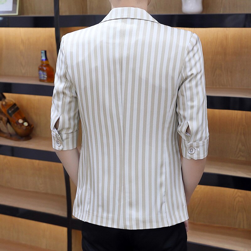 Summer Blazer Masculino Short Sleeve Striped Men Blazers Wedding Business Casual Suit Jacket Streetwear Social Men Clothing