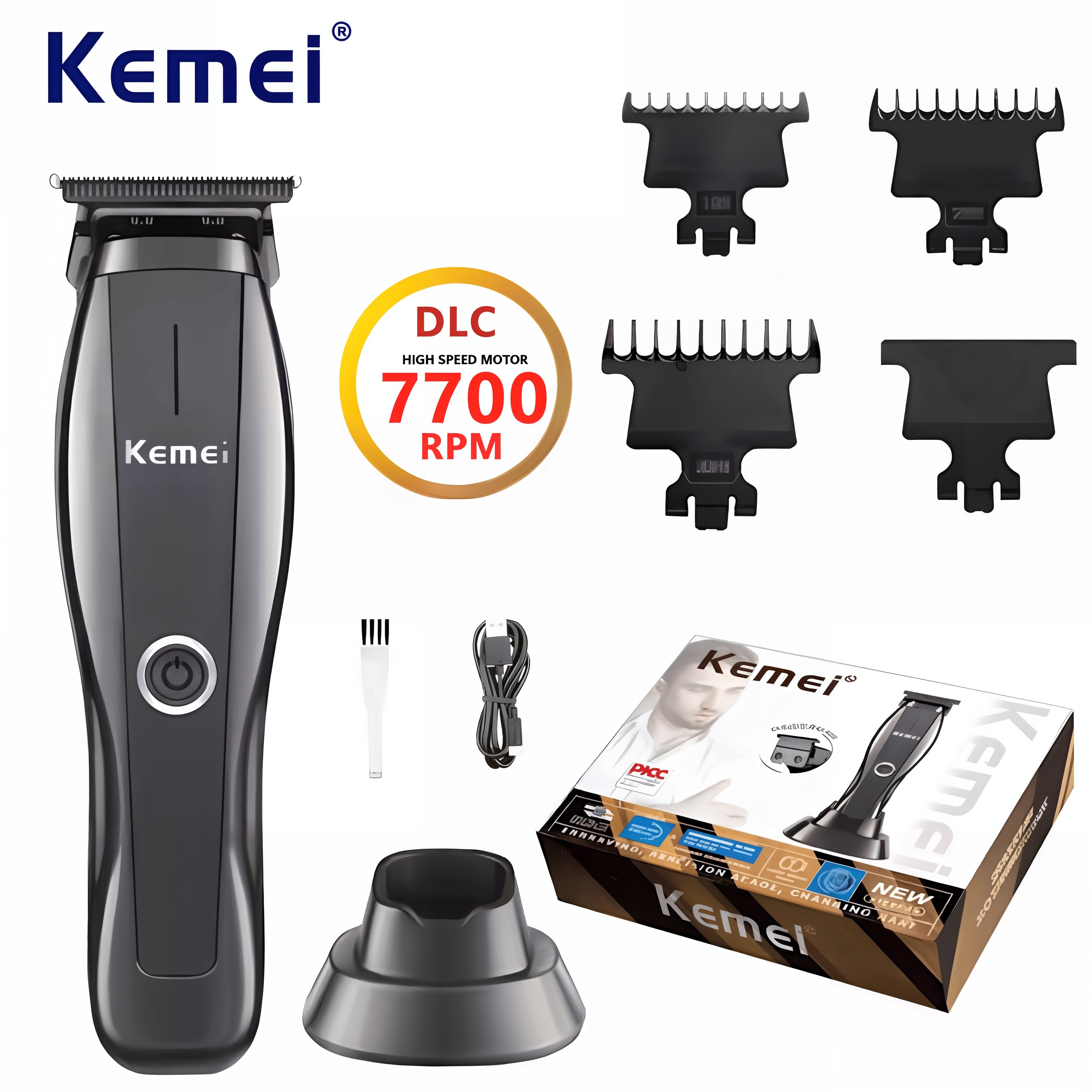 Cortadora de pelo Kemei KM-2295 de alta velocidad, máquina de peluquero con cuchilla DLC con soporte de carga, máquina de corte de pelo inalámbrica
