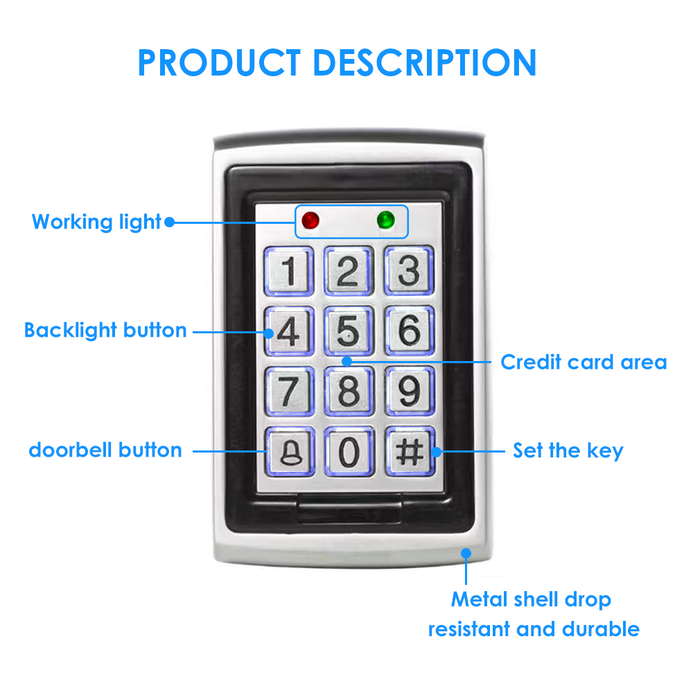 Backlight RFID Metal Access Control EM Card Reader Keypad 1000 Users door bell 125KHz Card Reader Keypad Key Fobs Door Access