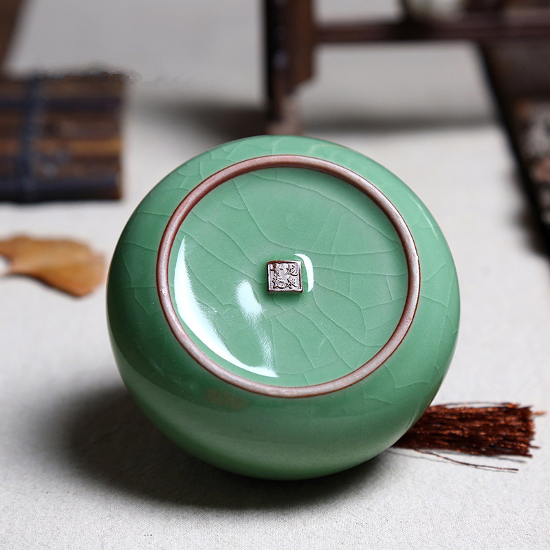 Chinese Ceramic Food Box With Cover,Top Grade Crackle Glaze Longquan Celadon Ceramics Tea Caddy Tea Canister Tea Porcelain Jar
