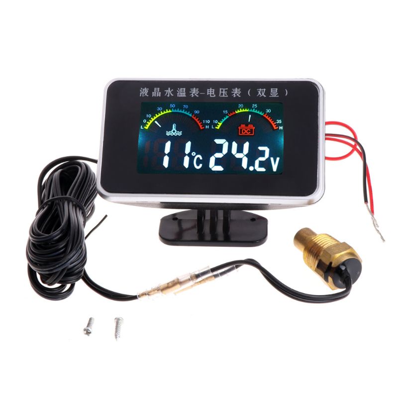 Voltmètre Et Jauge De Température D'eau 2-en-1 Pour Voiture/moto 12V/24V - Écran LCD Rond, Montage Facile - 4