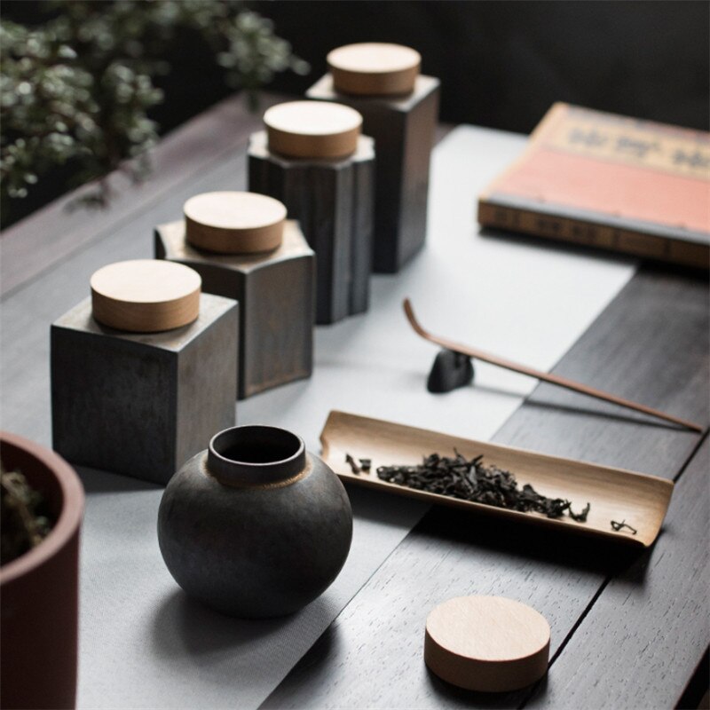 Ceramic Handmade Tea Caddy Coarse Pottery Geometric Sealed Storage Jar with Wood Cover Food Container Tea Ceremony
