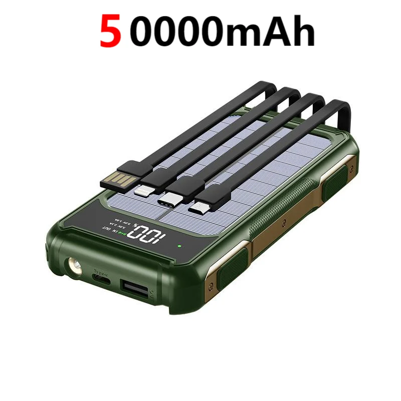 200000mAh 4 in 1 Built in Cables Solar Emergency Power Bank Large Capacity Intelligent Digital Display Power Supply for iPhone: Blue