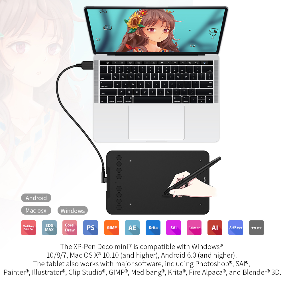 Xp-pen – tablette graphique Deco mini7, 7x8192 pouces, sans batterie, 4.37 niveaux de sensibilité à la pression, pour dessin Digital, compatible avec Android, Windows et Mac