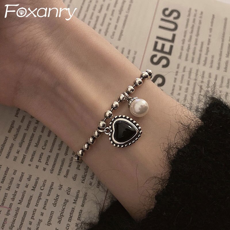 Foxanry-pulsera de cuentas con forma de corazón para mujer, cadena con colgante de perlas de amor, color negro, Simple, , para novia, 925