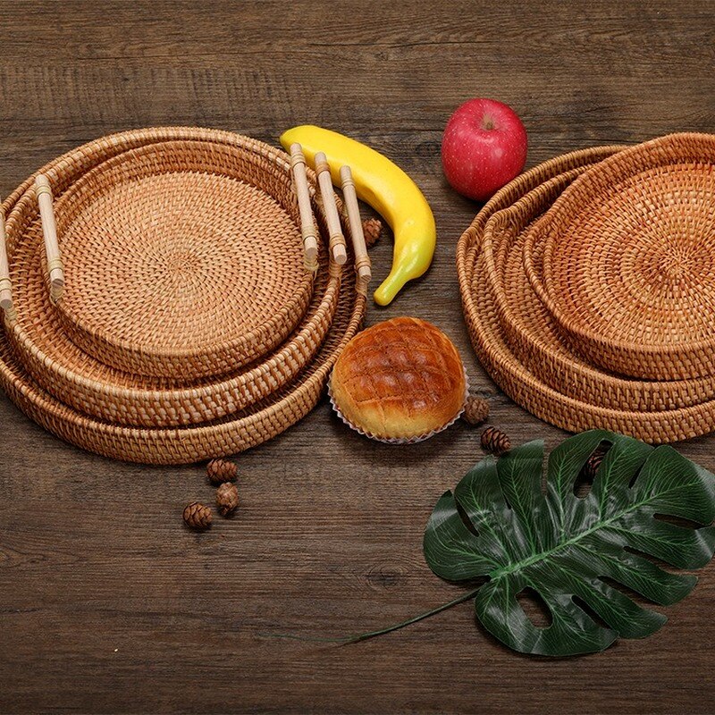 Vietnam Rattan Woven Household Picnic Fruit Plate Snack Storage Basket with Handle Hand-woven Tray Organizer Home Decoration