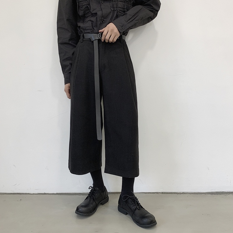 Menn svart kimono bukse løs avslappet ull bukser med brede ben med belte mannlige japan streetwear hip hop gotisk rett haremsbukse