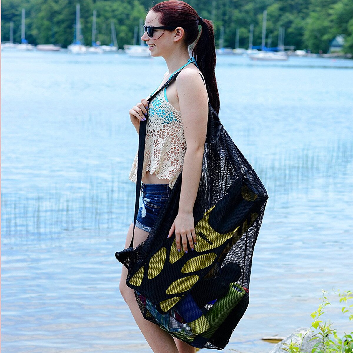 Mesh Drawstring Bag, Solid Color Large Capacity Shoulder Bag Storage Bag for Basketball Football, Black: Default Title