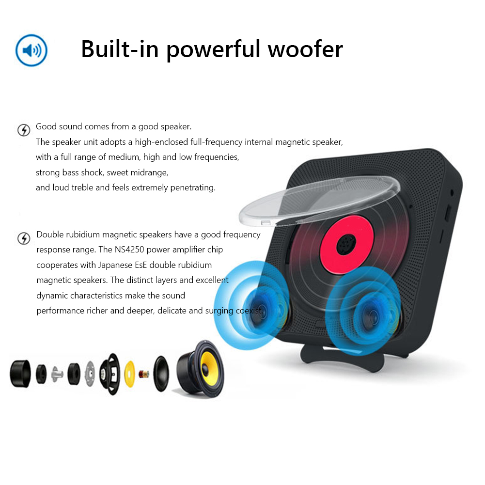 Bärbar cd-multimediaspelare fm-radio bluetooth-kompatibel 5.1 musikspelare 3.5mm musikspelare infraröd trådlös fjärrkontroll