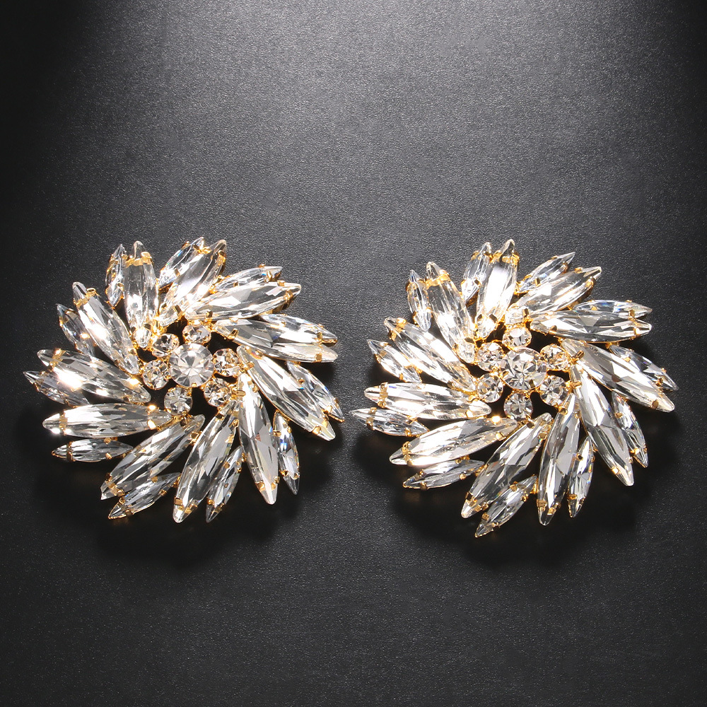 Pendientes grandes con forma de flor de sol y diamantes de imitación para mujer, joyería de para boda, Boutique, accesorios para pendientes con Clip: Color dorado