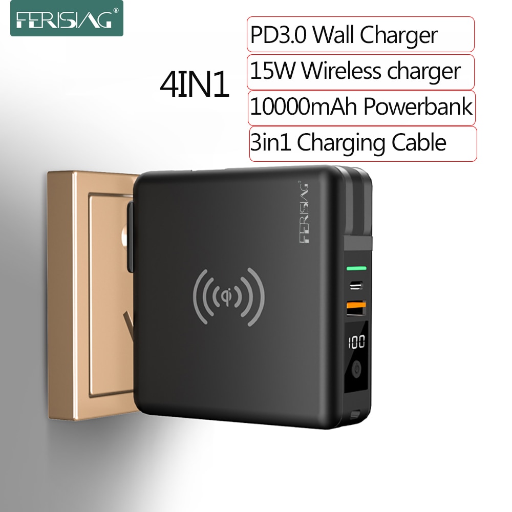 FERISING 10000mAh 15W Wireless Power bank + PD Fast Quick Charge Type-C USB C QC3.0 Powerbank for iPhone Samsung Xiaomi Charger