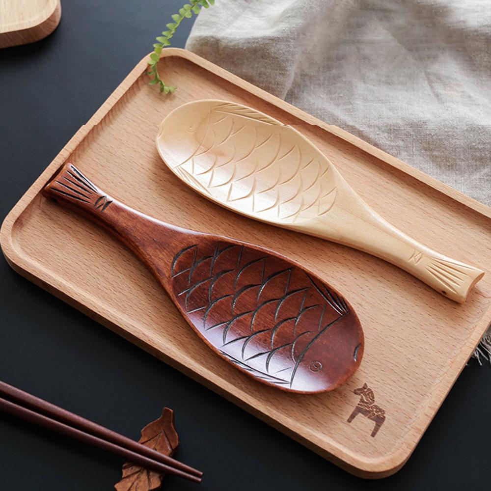 Kitchen Wooden Rice Serving Spoon Wood Rice Paddle Spatula Cute Fish Rice Spoon Scoop Potato Meal Server Cooking Tools