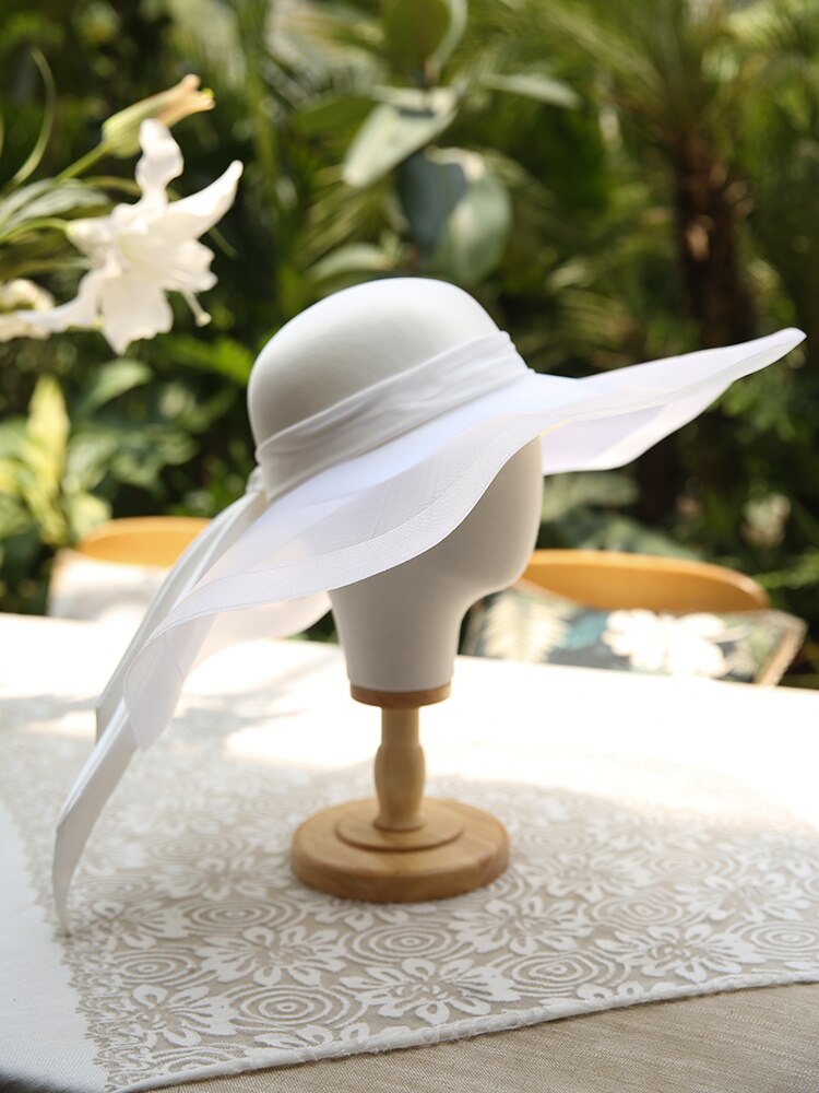 Luxury Large Brim Mesh Bucket Hat White Satin Bowknot Ribbon Fedora Hat High End Prom Banquet Evening Party Ladies Bride Hat