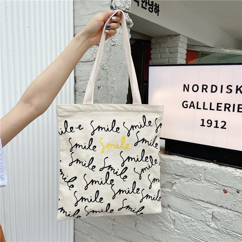 Einkaufstasche aus canvas mit smiley-schriftzug, große schultertasche aus baumwollstoff für damen, strandtasche: 1
