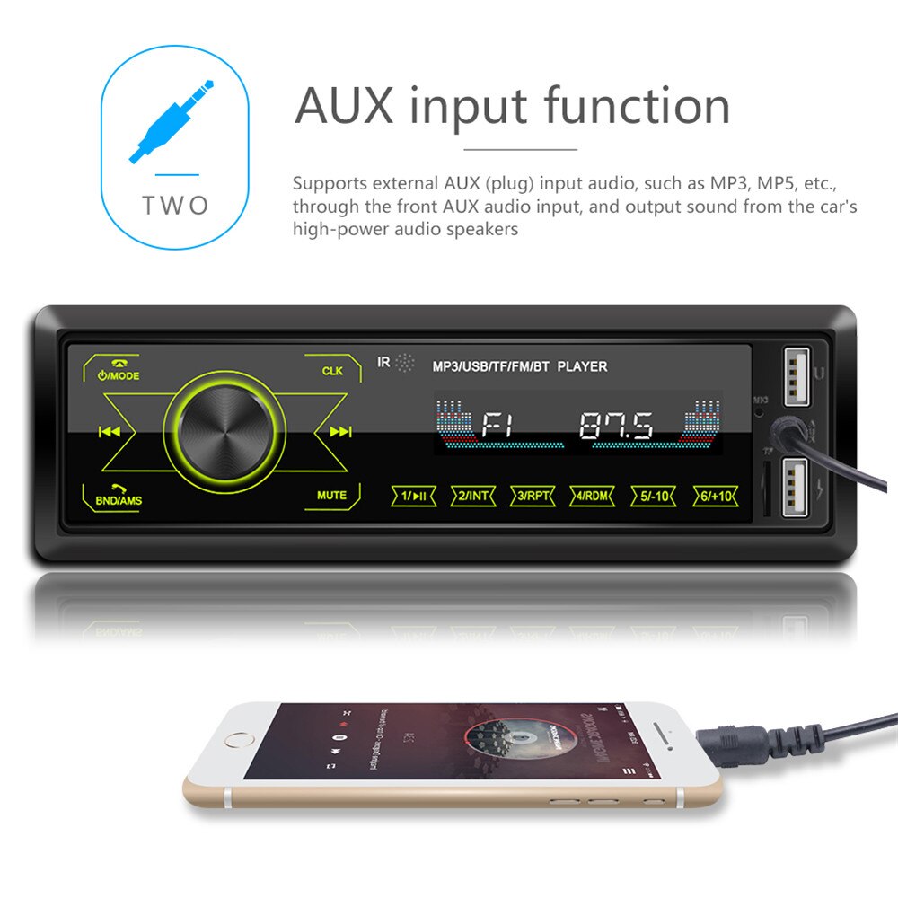Radio con Bluetooth para coche, reproductor MP3 estéreo de 12V, 1DIN, receptor FM, Kit de manos libres, adaptador de música AUX/USB/tarjeta TF en el tablero, Puerto IOS